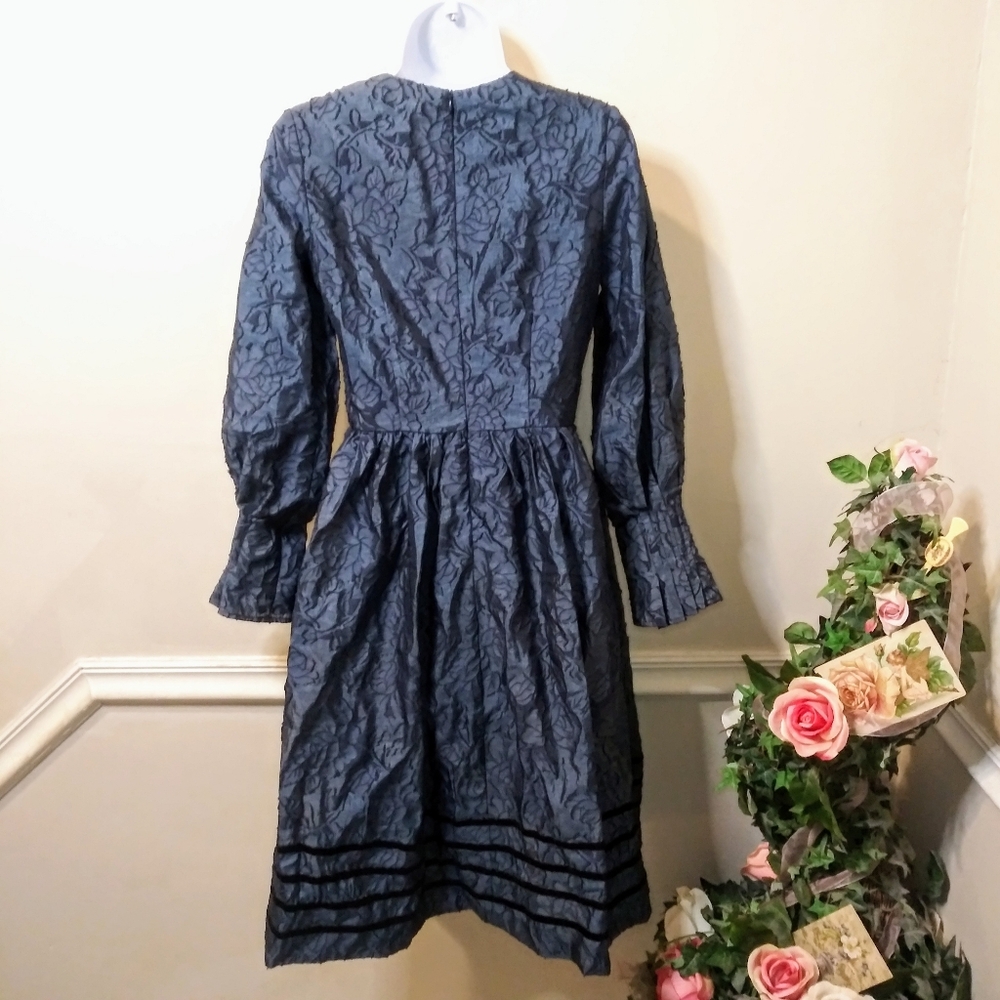 Muse Couture Navy Gothic Style, Rose Patterned Organza Brocade & Velvet Dress - Picture 7 of 13
